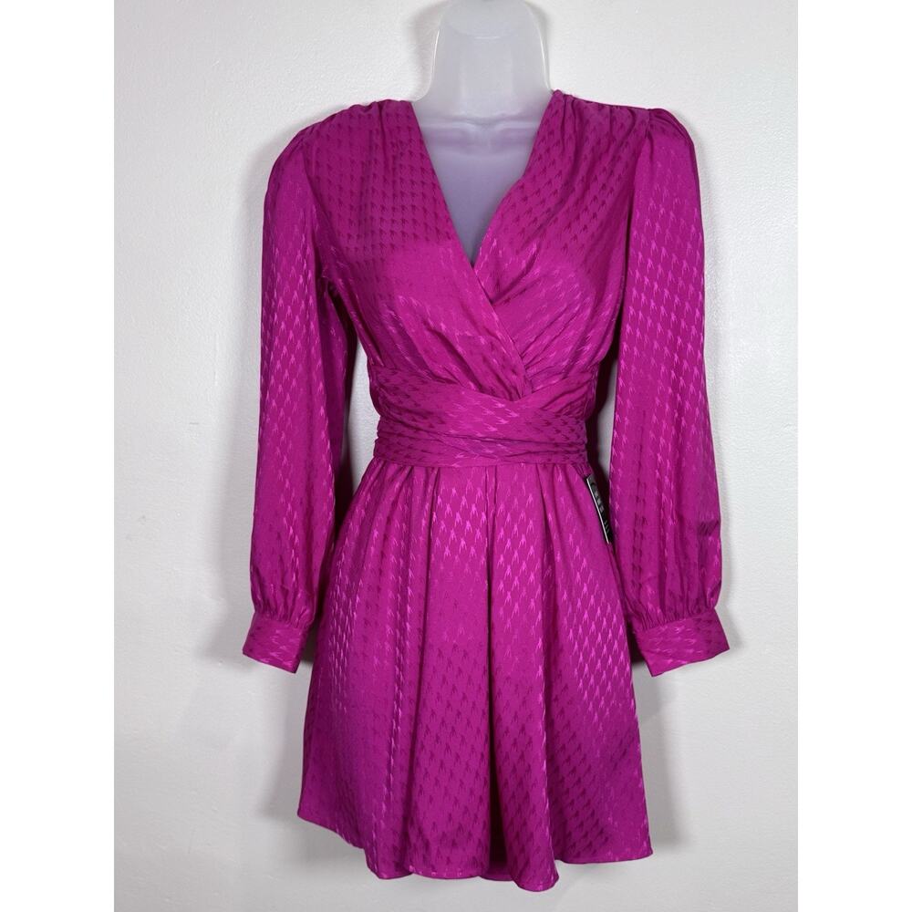 NWT Express Satin Cocktail Dress Wrap Long Sleeve V Neck Pink Mini MSRP $88